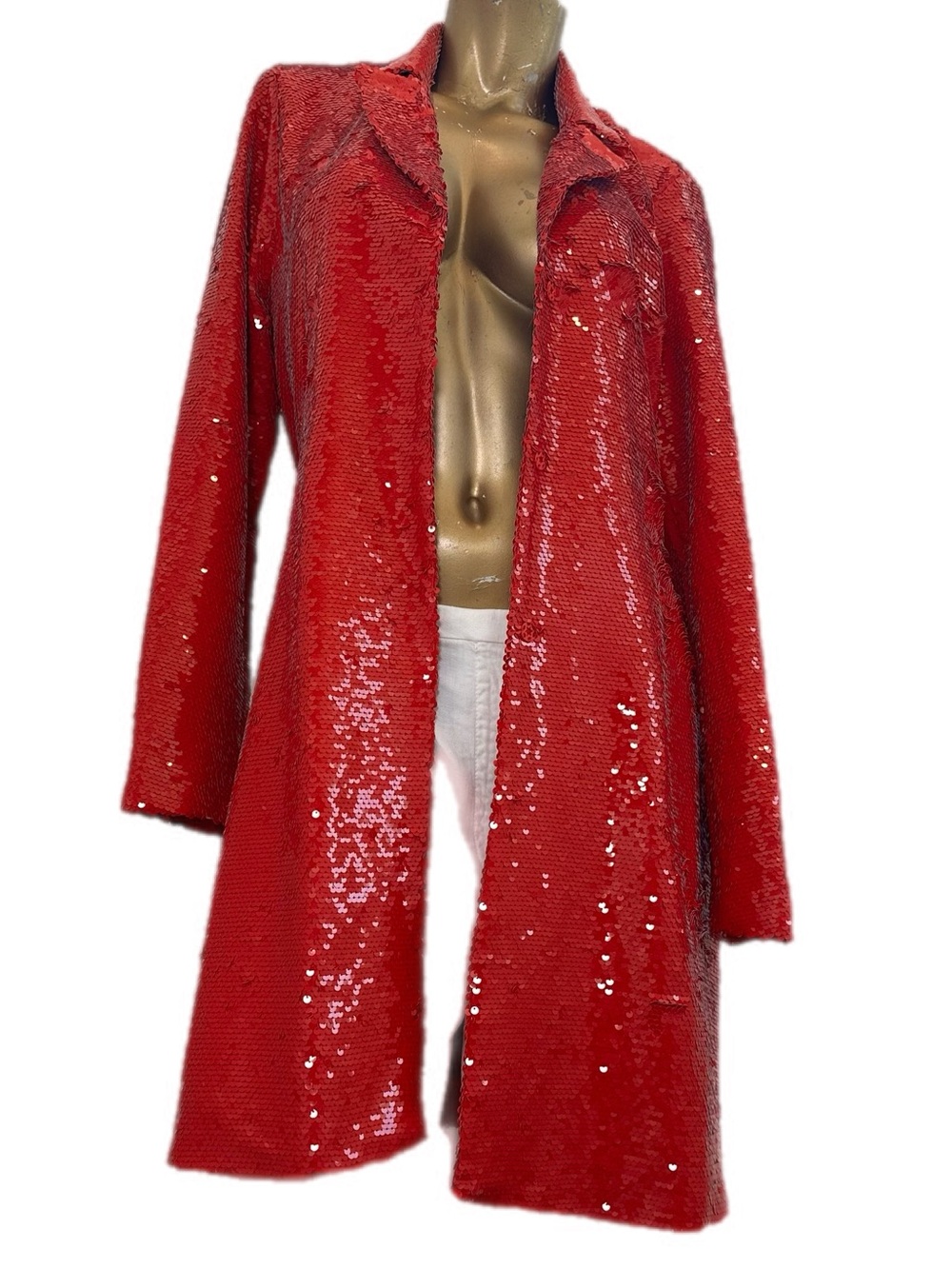 VENUS Red Sequin Belted Duster Midi length Jacket Size 14 , snap button front - Picture 6 of 12